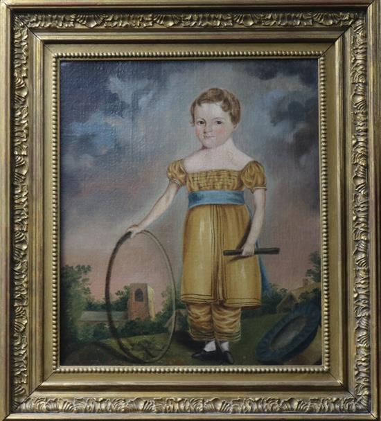 Early 19th century English School, oil on canvas, girl with stick and hoop, 34 x 30cm